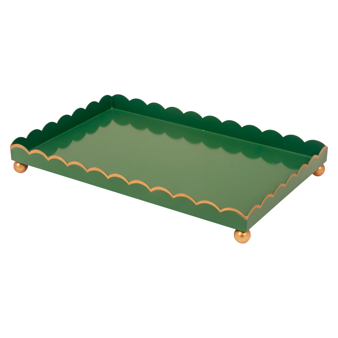 Rectangular green tray with scalloped edges, gold trim, and corner legs