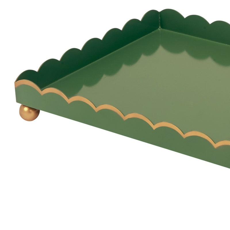 Rectangular green tray with scalloped edge, gold trim, and small brass-like feet.