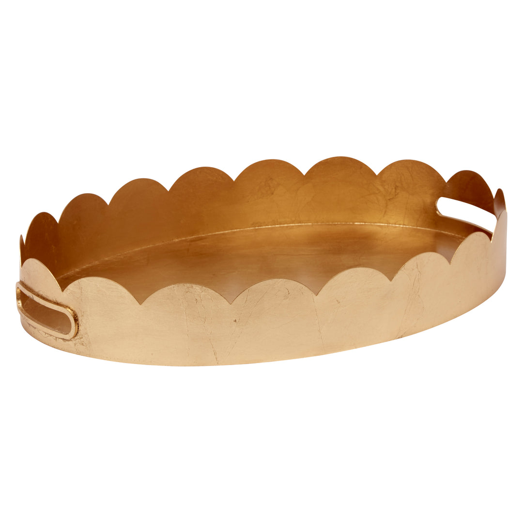 Gold leaf oval serving tray with scalloped rim and handles