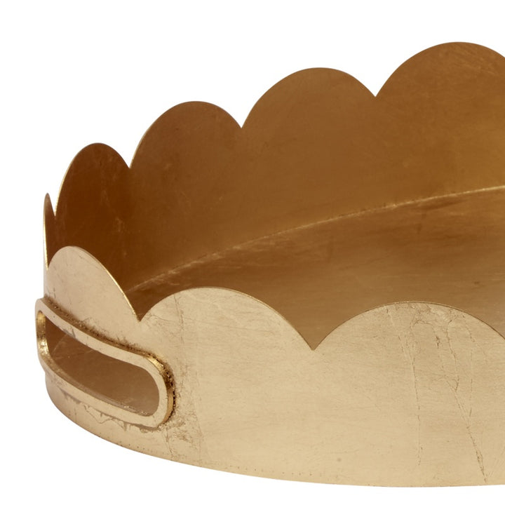Gold oval tray with scalloped edge and side cutout handles, leaf-textured finish.