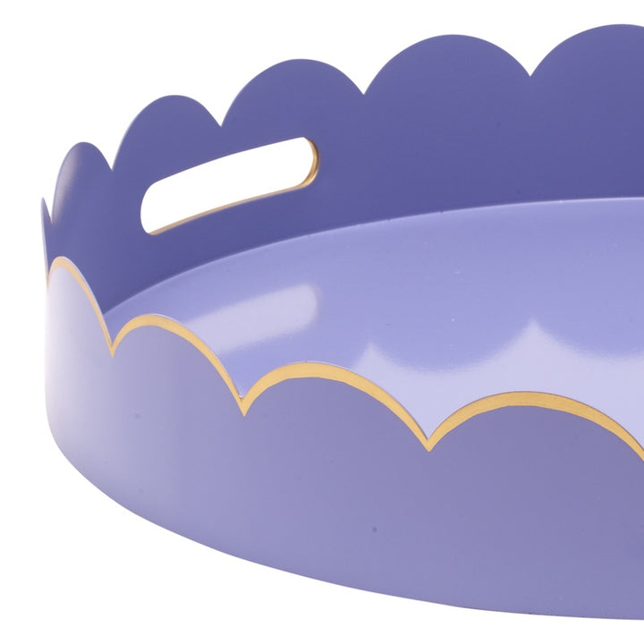 Round purple tray with scalloped edge, gold cloud pattern, and oval carry cutout