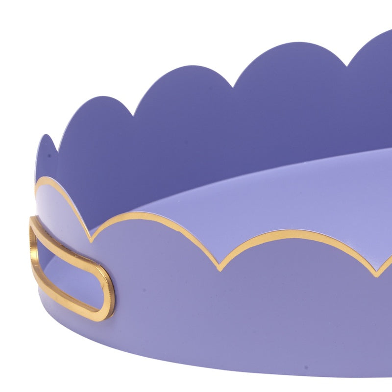 Lavender oval tray with scalloped edge and gold-tone trim, side handle detail