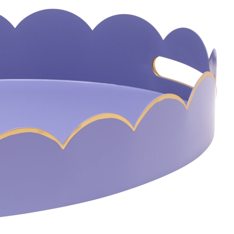 Lavender oval tray with scalloped rim and gold-tone handle on the side