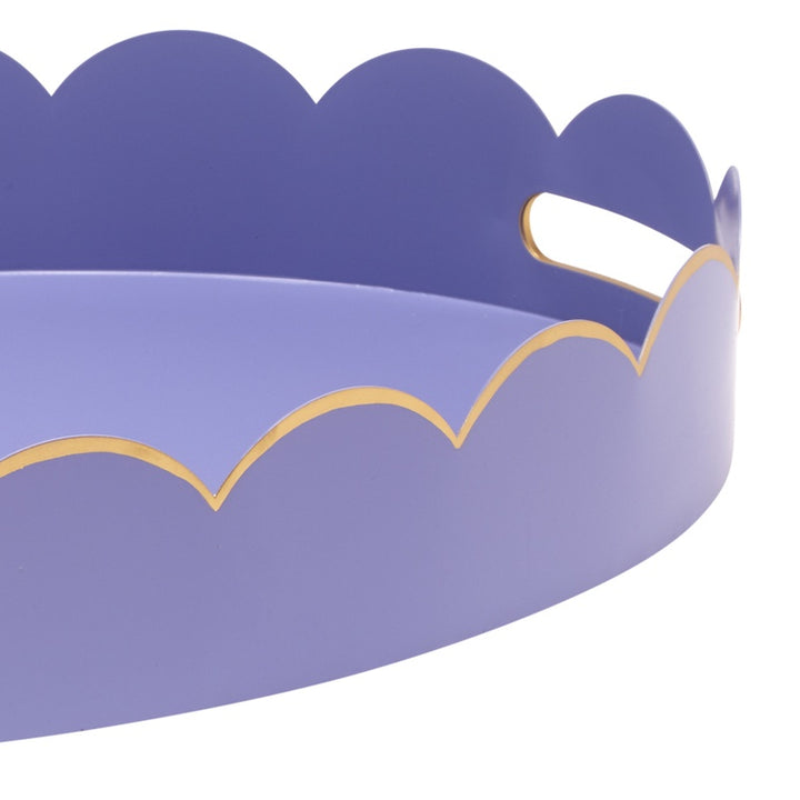 Lavender oval tray with scalloped rim and gold-tone handle on the side