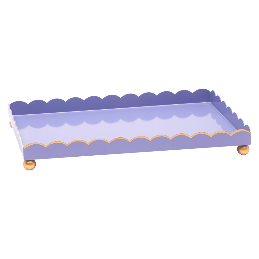 Rectangular lavender tray with gold trim, scalloped edges, and round gold feet