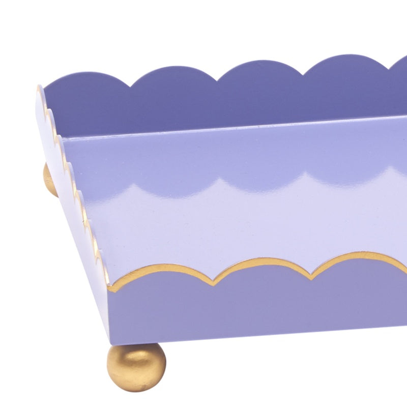 Lavender scalloped rectangular tray with gold corner trim and round gold knob feet