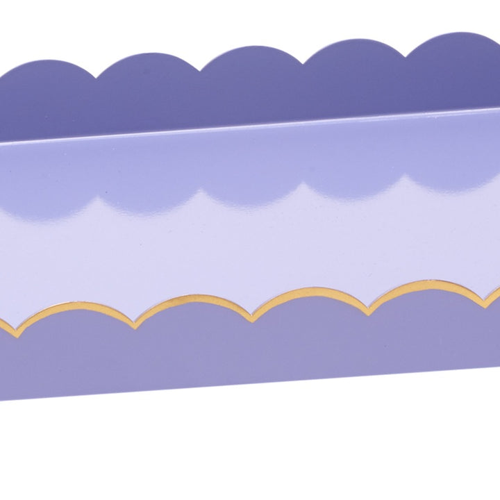 Lavender rectangular tray with scalloped front edge and gold wave trim