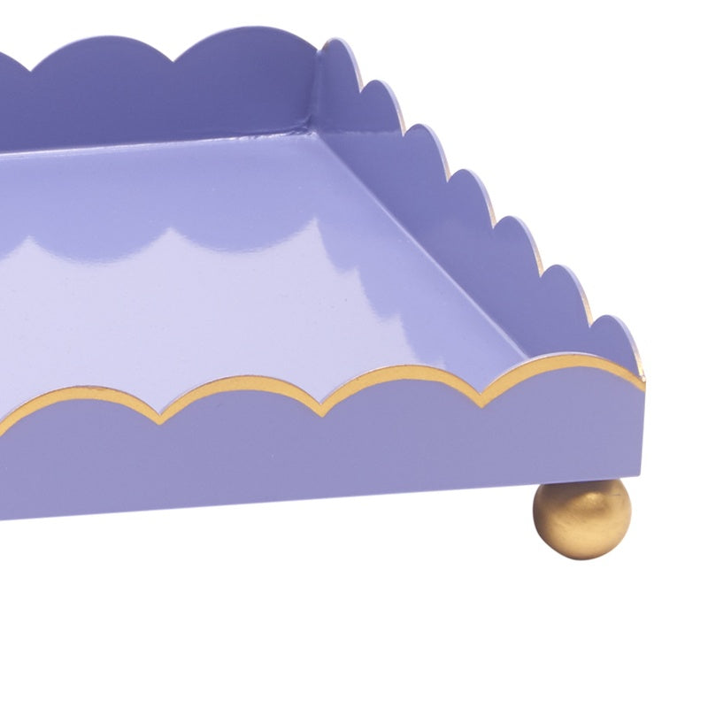 Lavender rectangular tray with scalloped sides, inner corner, and round gold knob foot