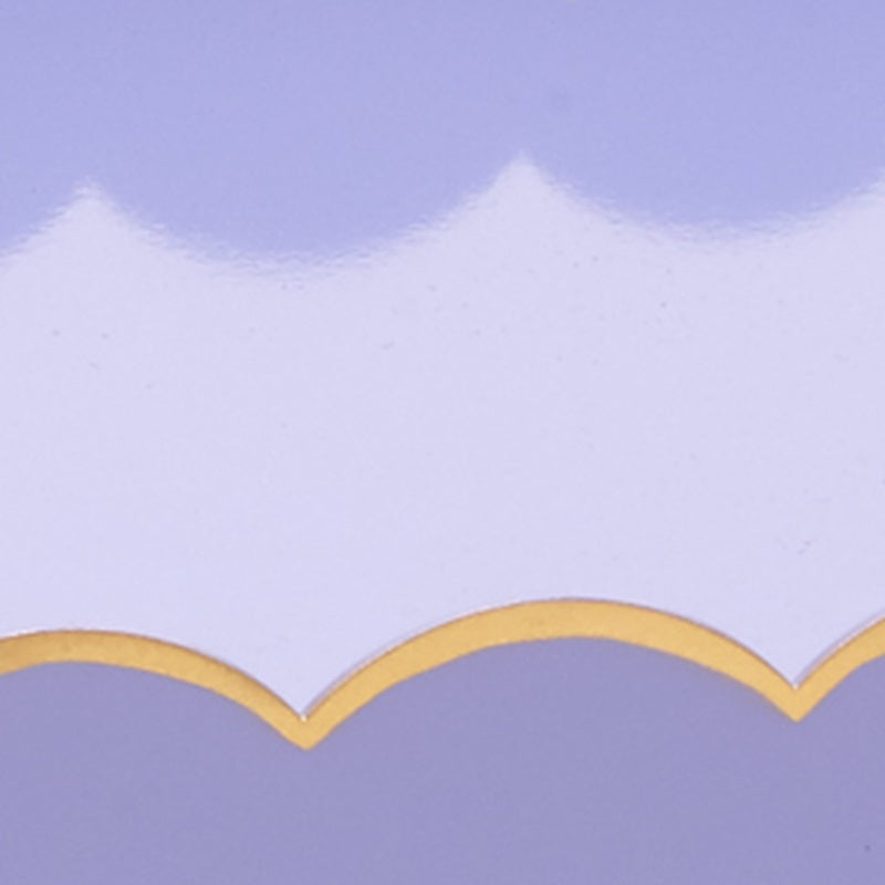 Lavender rectangular tray detail with scalloped edge and gold wave border