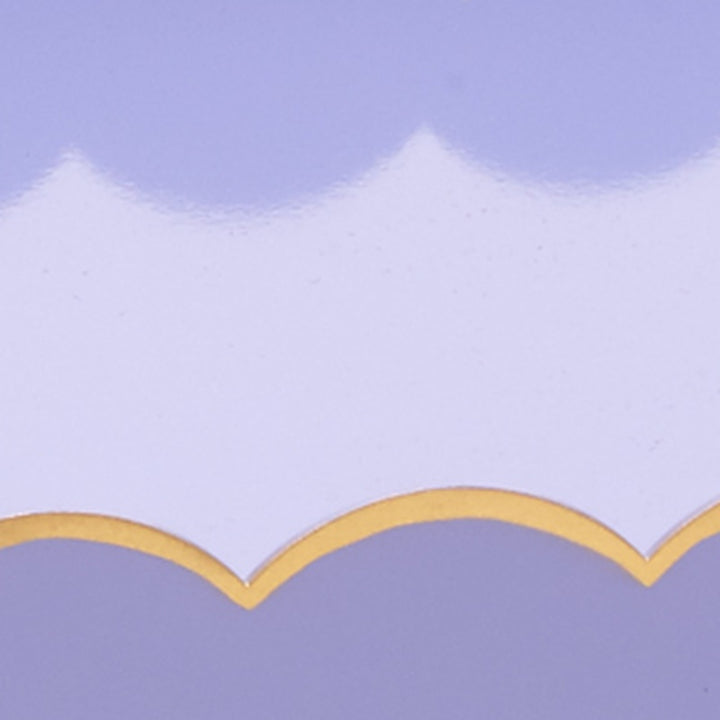 Lavender rectangular tray detail with scalloped edge and gold wave border