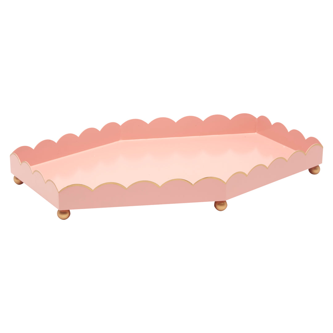 Large six-sided scalloped metal tray in blush pink with gold feet