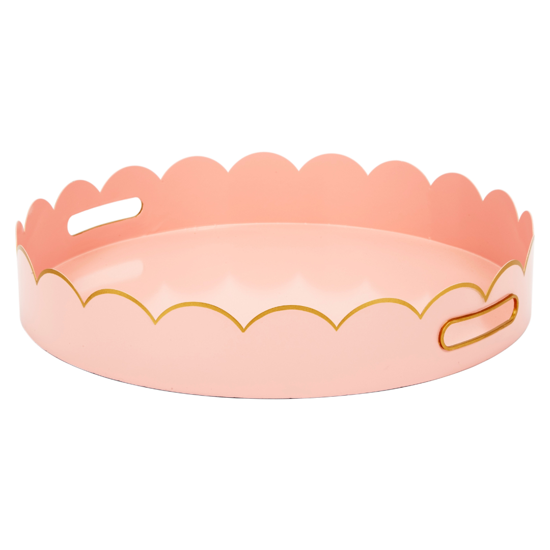Elegant blush pink and gold metal tray with scalloped edges, perfect for serving, decorating, or vanity styling.