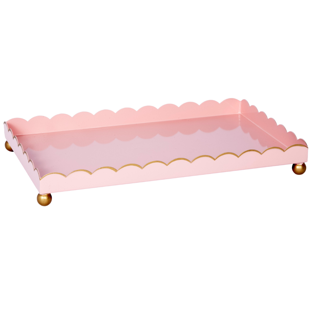 Stylish blush pink and gold rectangular metal tray, perfect for serving, organizing, or adding elegance to décor.