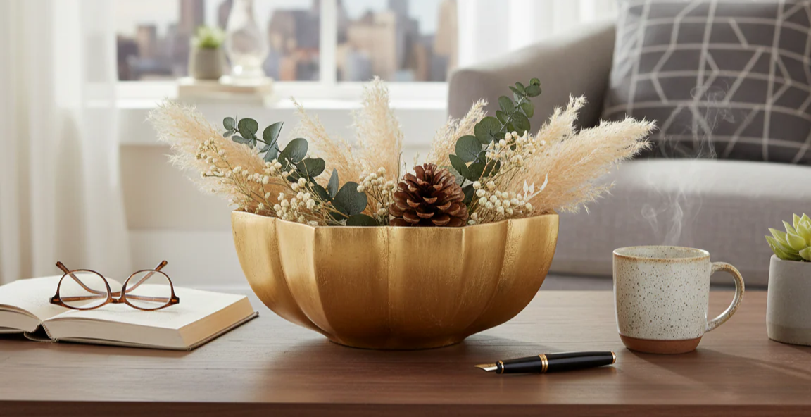 Decorative bowl with flowers on a table in a living room setting