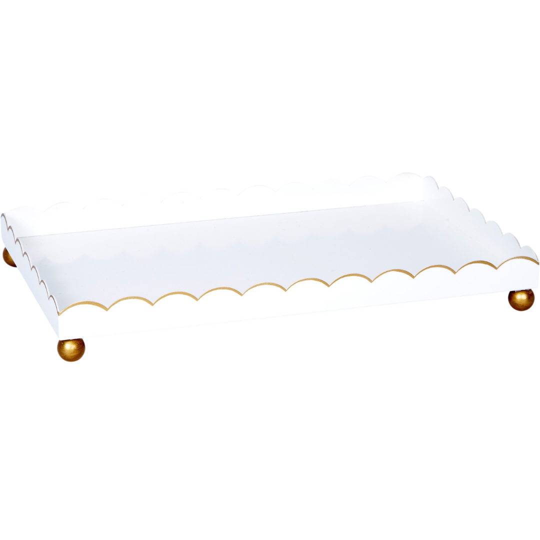Elegant white and gold rectangular metal Eloise tray, ideal for serving, organizing, or elevating home décor.