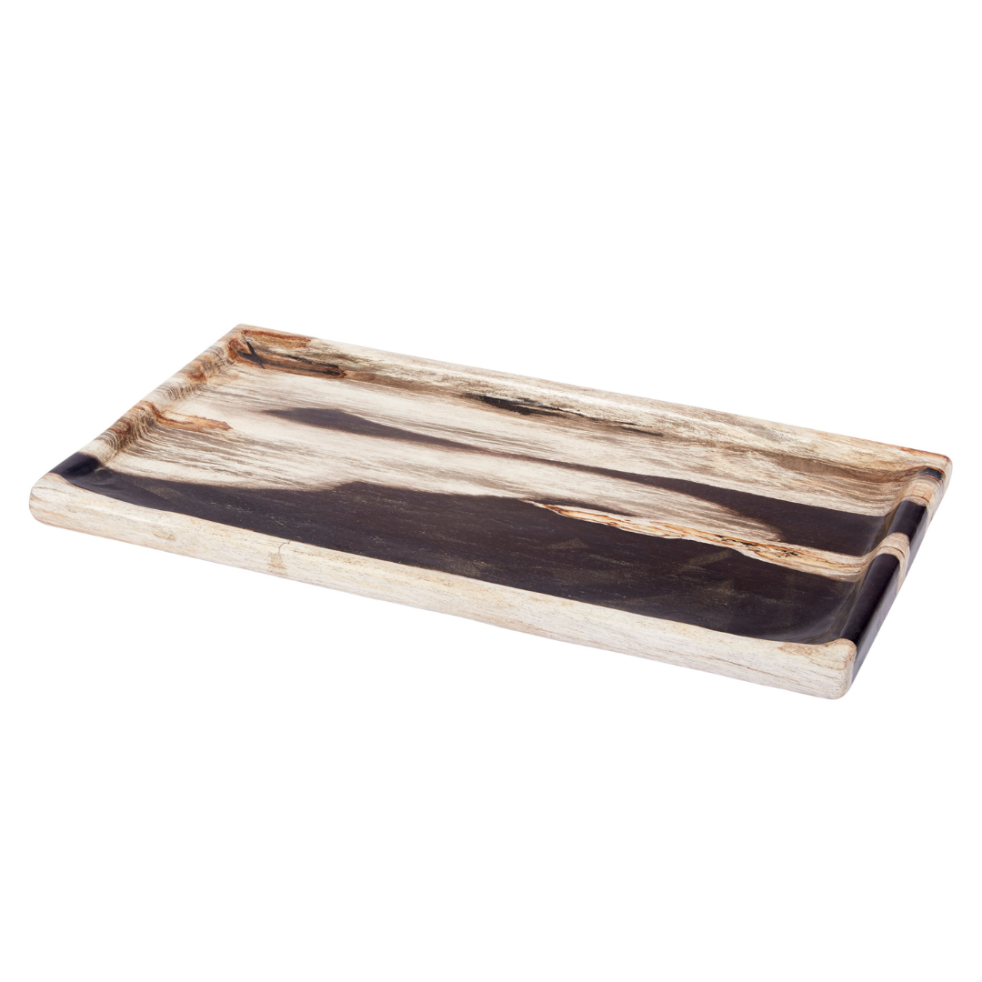 Elegant black and cream petrified wood Luca tray, perfect for serving, decorating, or adding a natural accent to interiors.