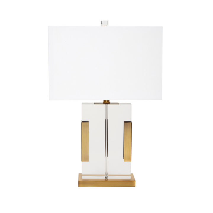 Modern luxury table lamp with clear acrylic body, gold metal accents, rectangular white fabric shade, contemporary decorative lighting for living rooms, bedrooms, and upscale interior décor.