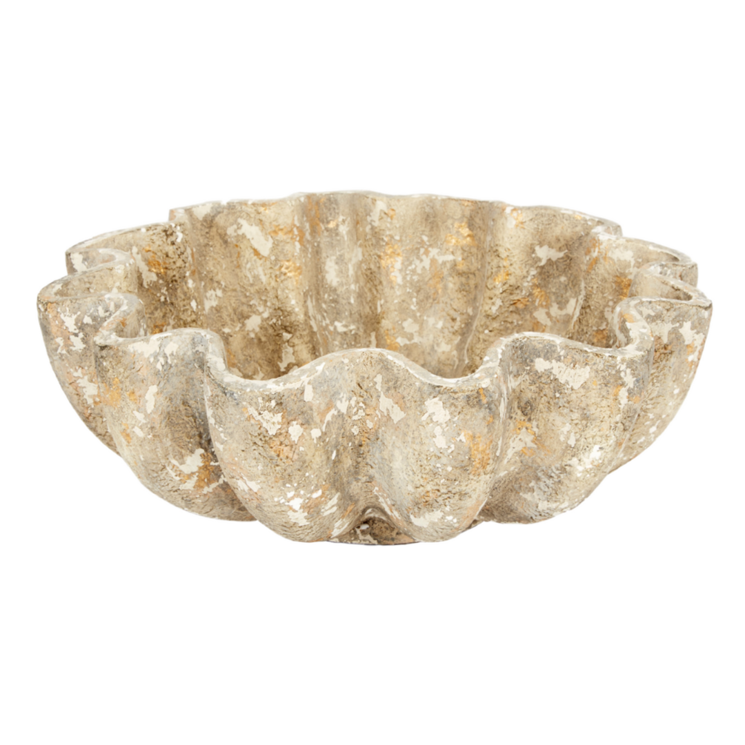 Decorative andrea shell bowl with aged gray and gold finish.