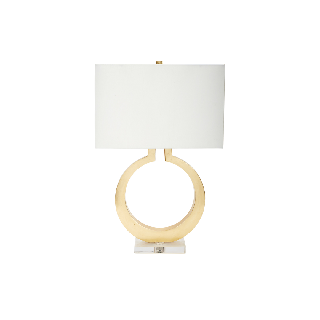Modern gold ring-base table lamp with rectangular white fabric shade and clear acrylic pedestal, luxury contemporary home décor lighting for living rooms, bedrooms, and designer interior spaces.