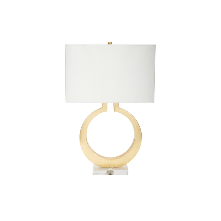 Modern gold ring-base table lamp with rectangular white fabric shade and clear acrylic pedestal, luxury contemporary home décor lighting for living rooms, bedrooms, and designer interior spaces.