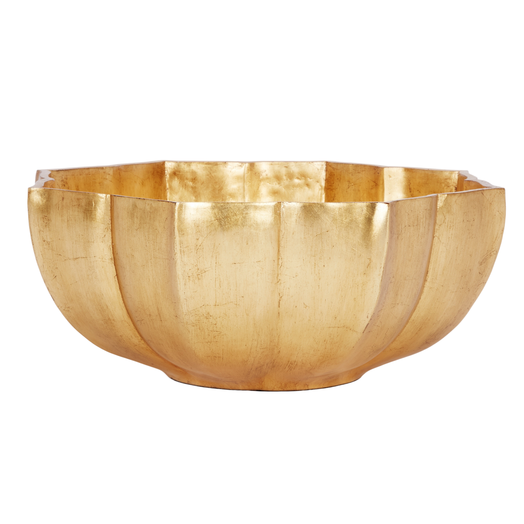 Luxury gold decorative bowl with scalloped edges and hammered metal texture, elegant centerpiece for dining tables, coffee tables, and modern home décor styling.
