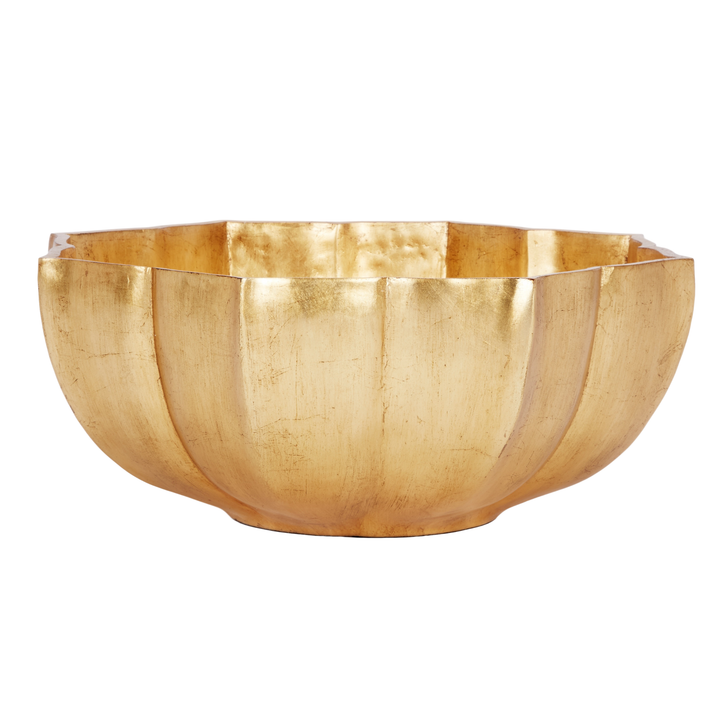 Luxury gold decorative bowl with scalloped edges and hammered metal texture, elegant centerpiece for dining tables, coffee tables, and modern home décor styling.