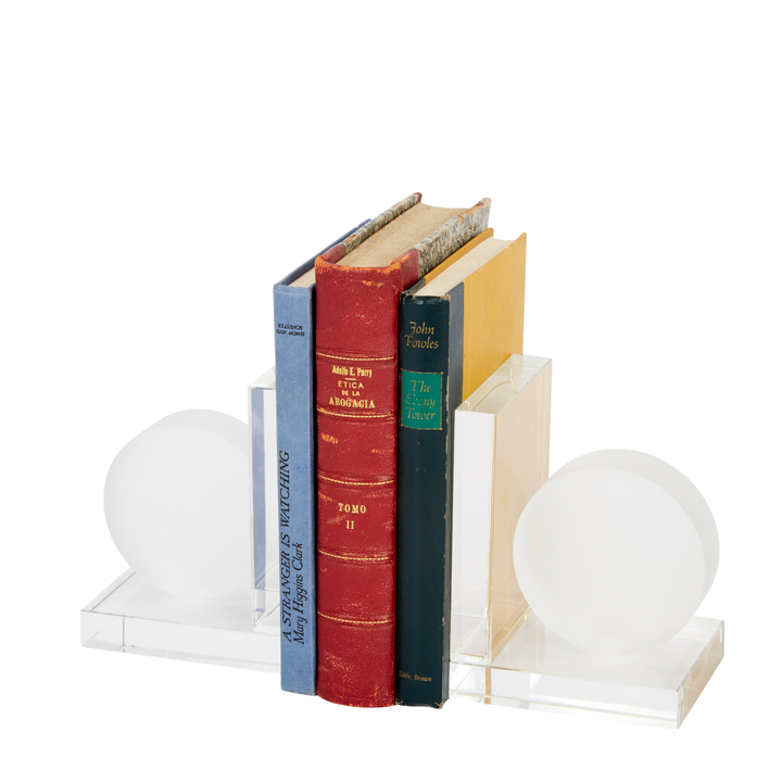Elegant frosted crystal round bookends, perfect for bookshelves, desks, or stylish home décor displays.