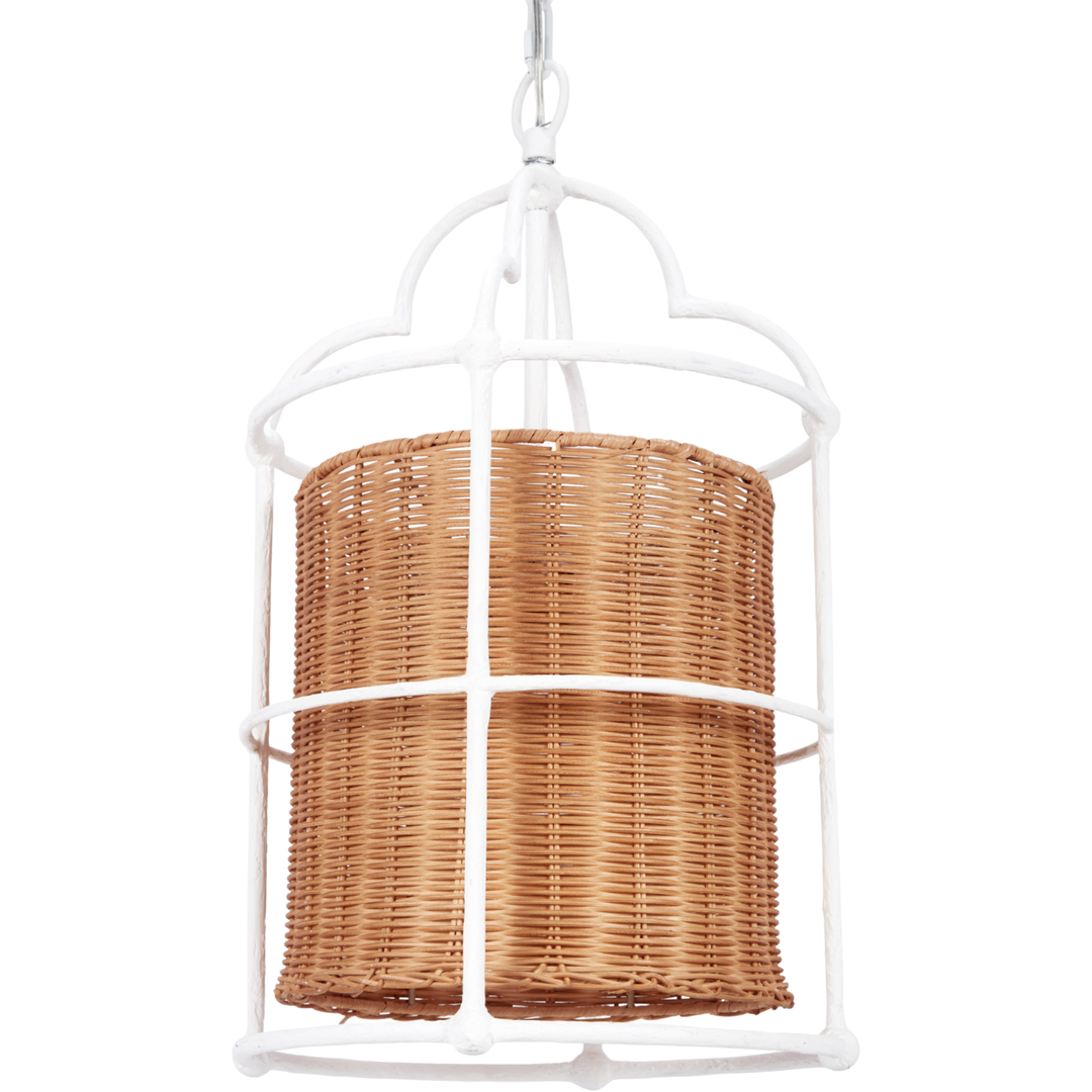 White cage pendant light with woven rattan shade, coastal farmhouse hanging ceiling fixture on white background