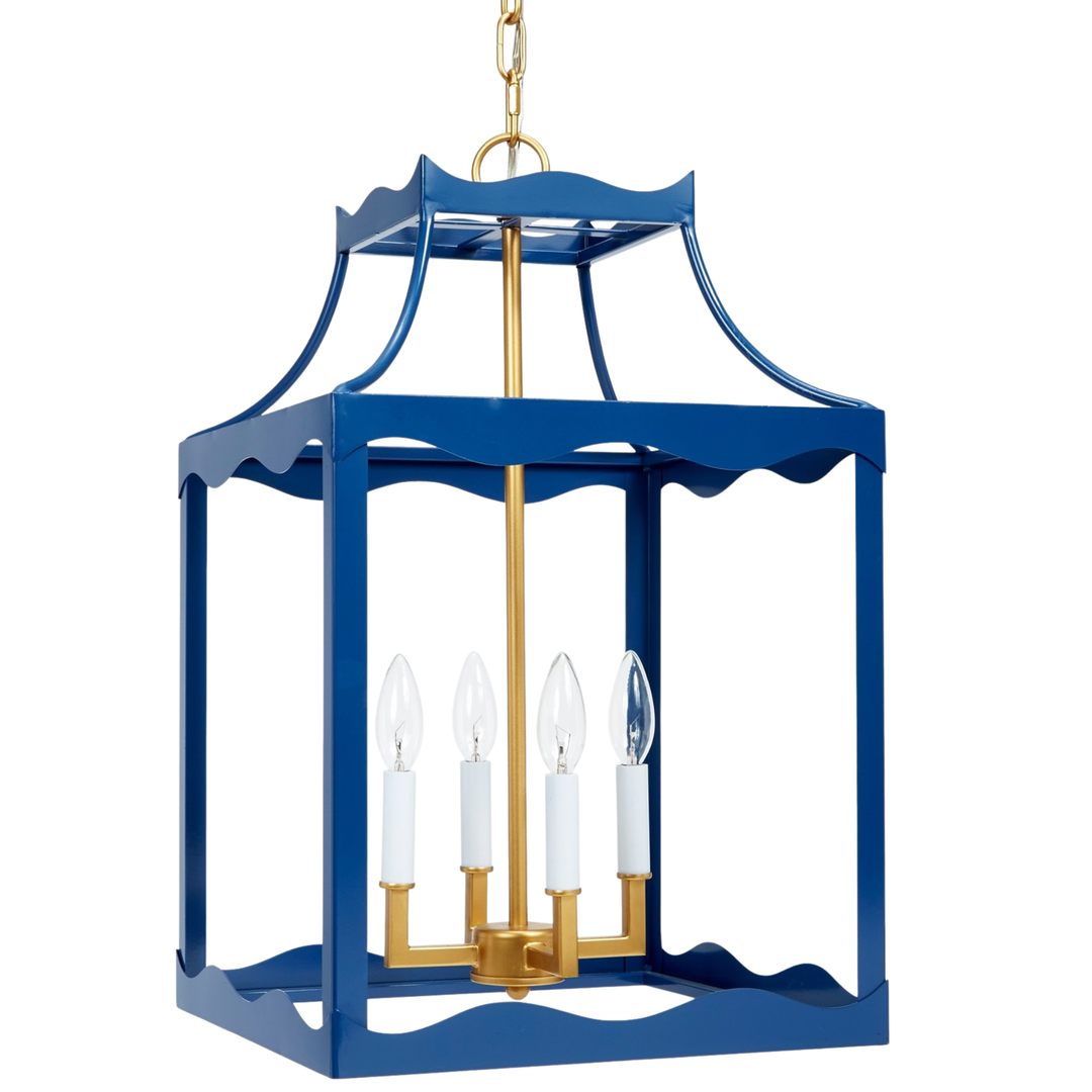 Blue pagoda lantern chandelier with gold candelabra lights, modern chinoiserie hanging light fixture on white background