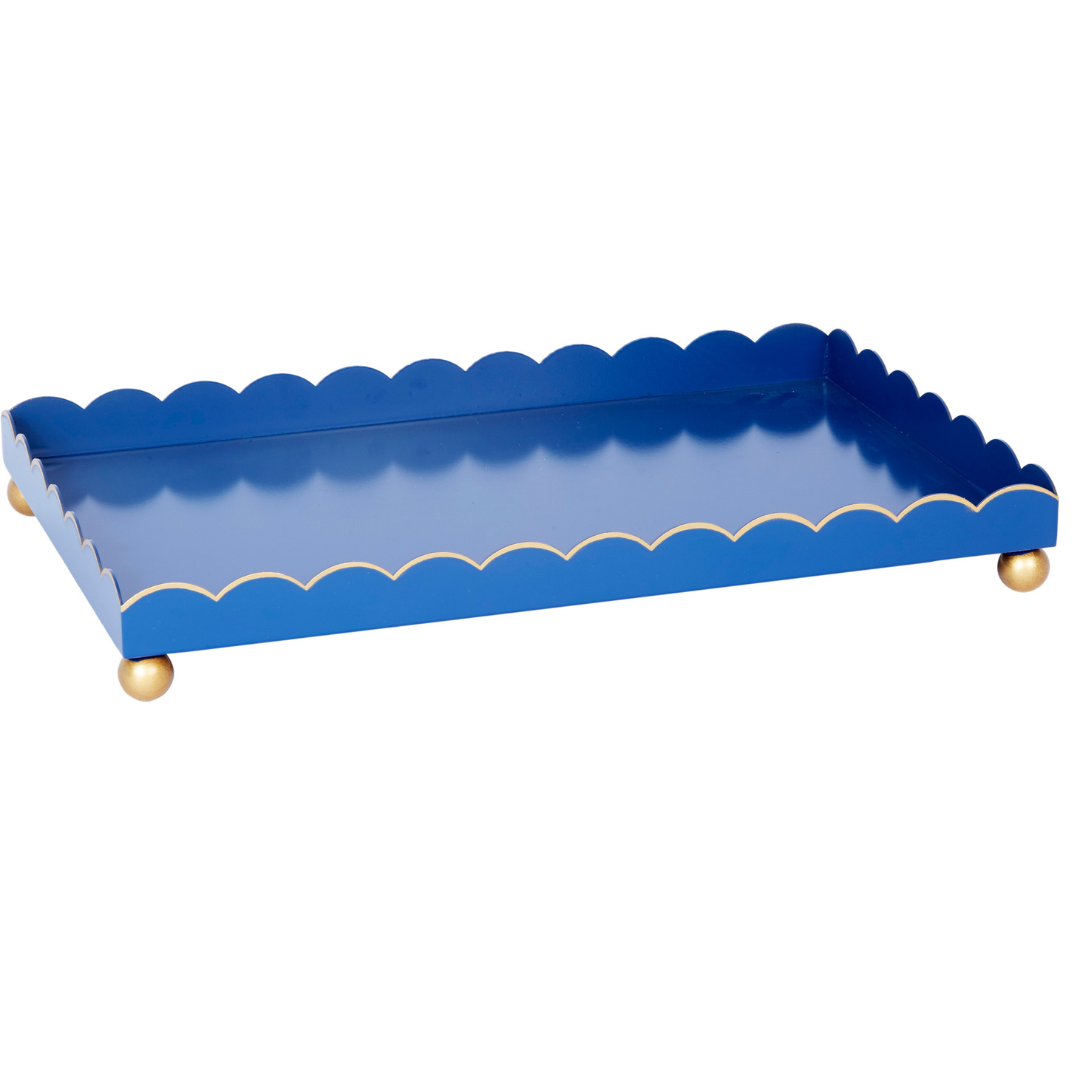 Elegant navy blue and gold rectangular metal Eloise tray, ideal for serving, organizing, or accenting modern interiors.