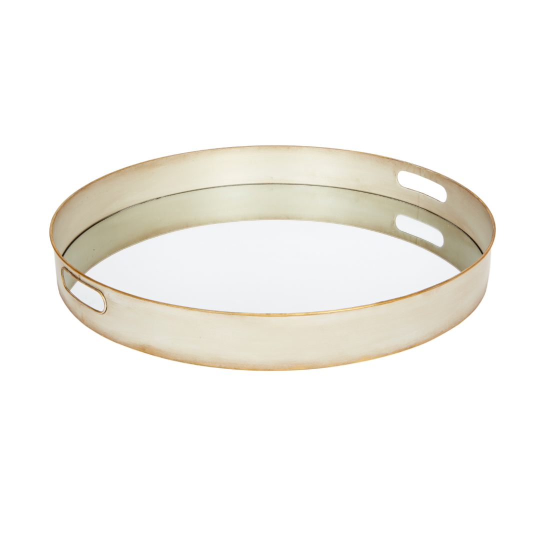 Elegant grey washed metal Luna tray with brushed gold edges, perfect for serving, organizing, or modern home décor.