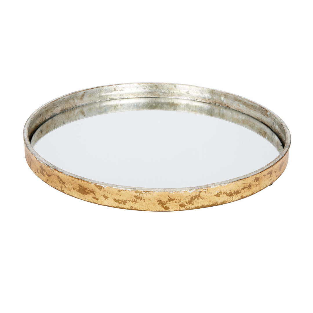 Elegant round mirrored metal Grace tray with gold and silver leaf finish, perfect for serving or decorative display.