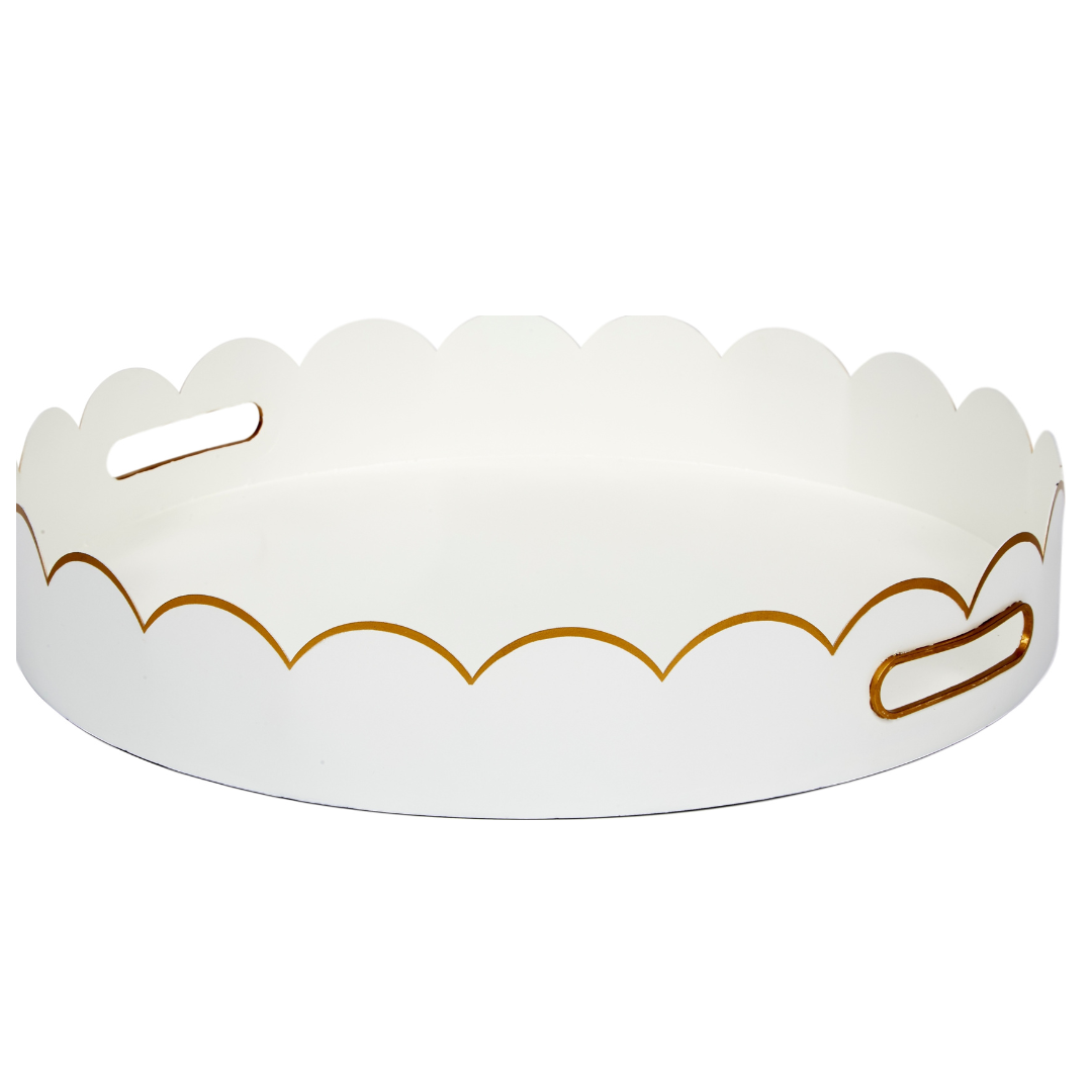 Elegant gloss white and gold metal Eloise tray with scalloped edges, ideal for serving, styling, or vanity décor.