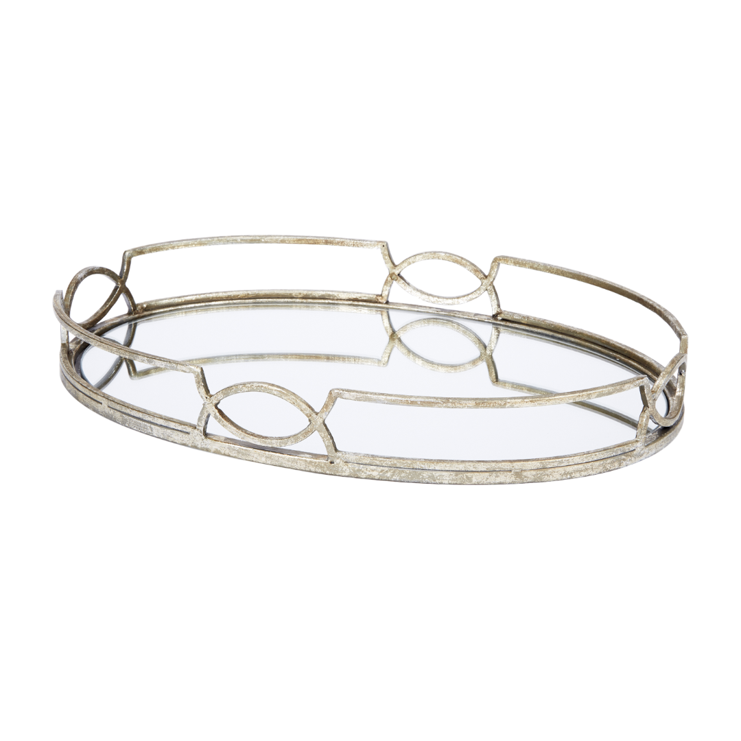 Elegant Madeline oval mirrored tray, perfect for serving, organizing, or adding a reflective accent to home décor.