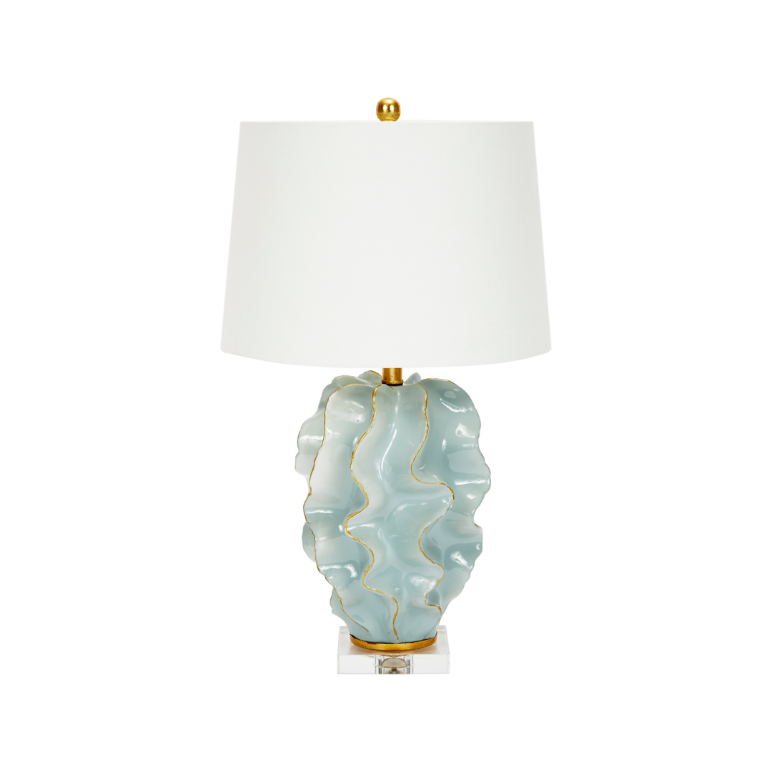 Hannah blue ceramic lamp featuring elegant gold accents and a crisp white linen shade, adding a sophisticated and vibrant touch to any space.
