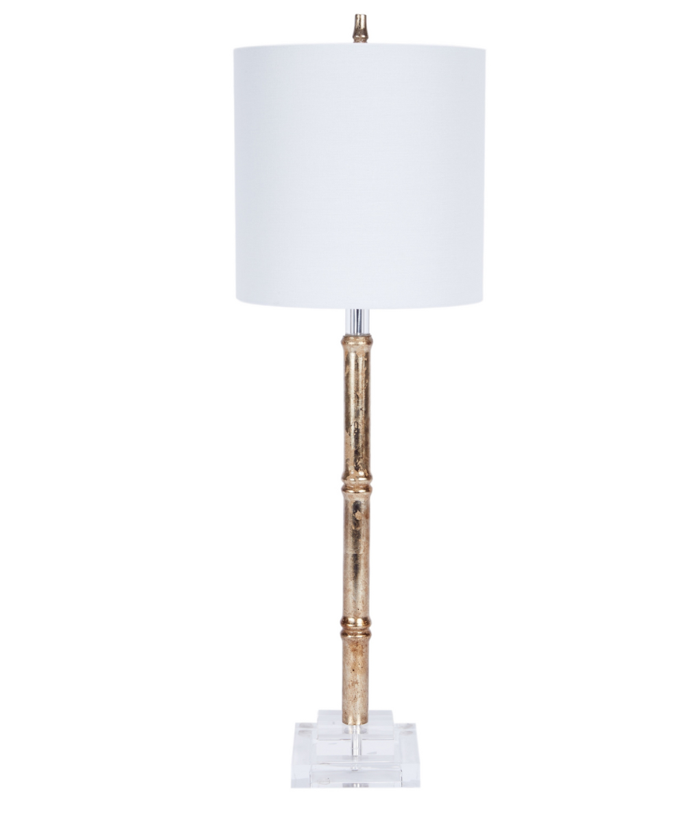 Modern table lamp with white drum shade, antique gold bamboo-style base, and clear acrylic square stand, elegant home lighting decor.