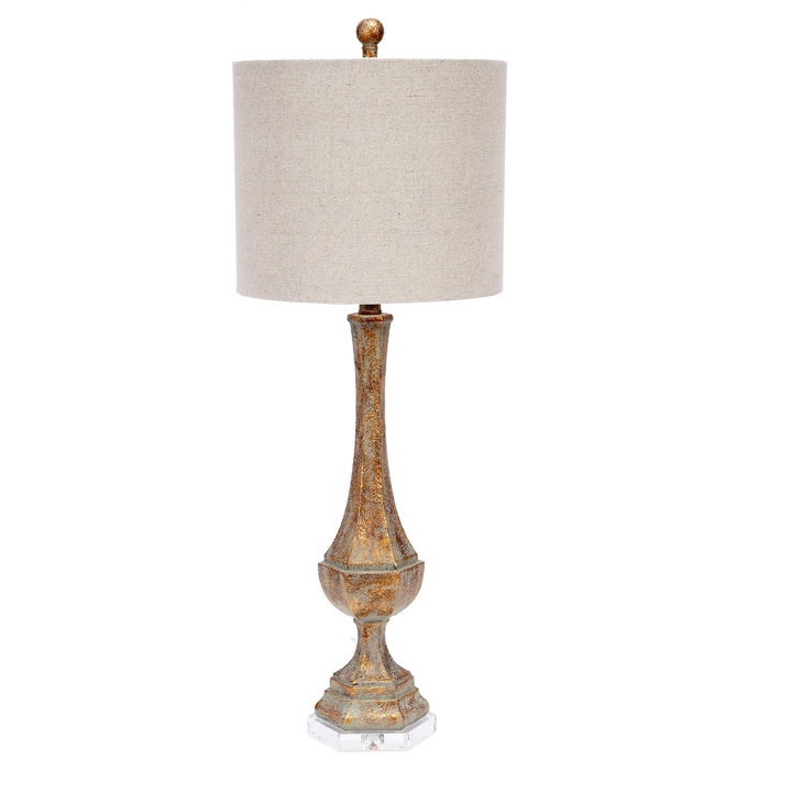 Aged gold table lamp featuring a lucite base and a soft linen shade, perfect for adding a touch of modern elegance to any room.