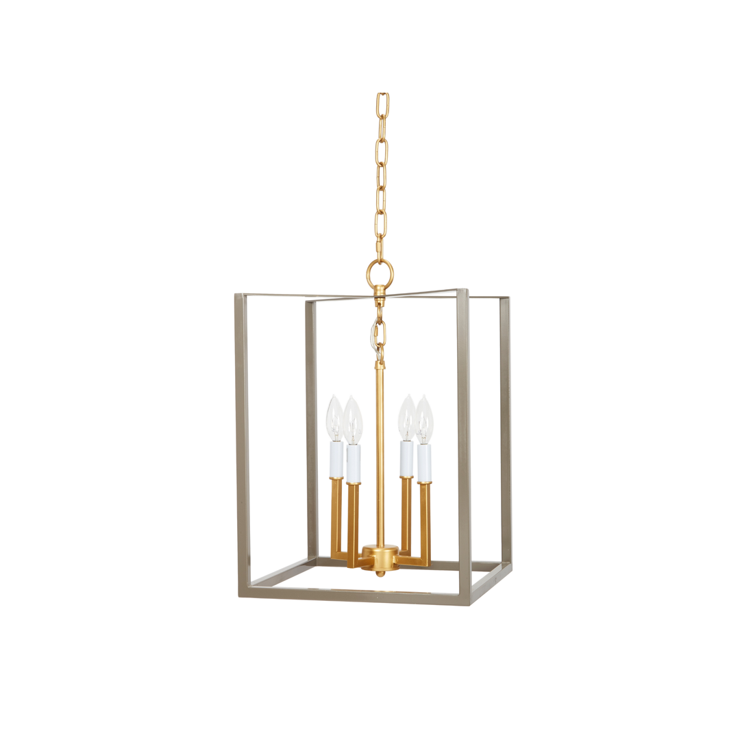 Modern Manning square pendant light in grey with gold accents, perfect for living rooms, dining areas, or bedrooms.