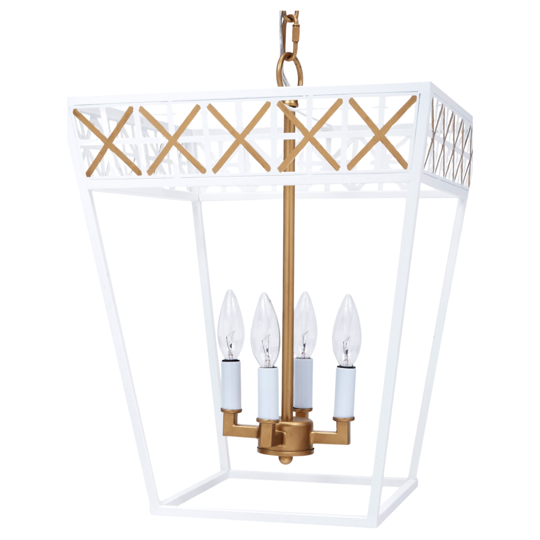 Modern white and gold lantern-style chandelier with four candle lights, clear bulbs, open geometric metal frame, and decorative X-design accents, ideal for entryways, dining rooms, and contemporary home interiors.