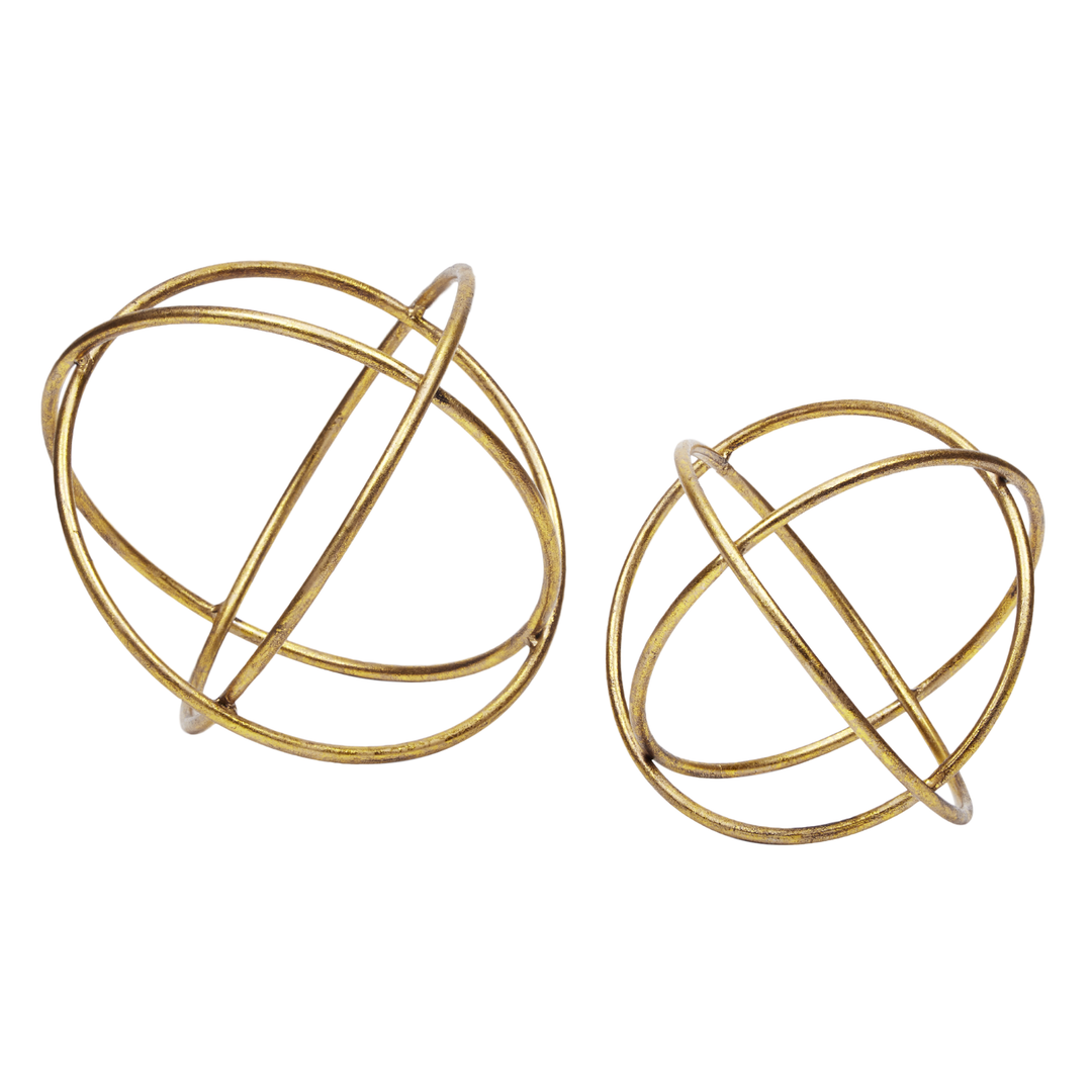 Gold metal decorative orbs set, modern spherical geometric sculptures for home décor, tabletop accents, luxury living room accessories, contemporary interior styling decor pieces."