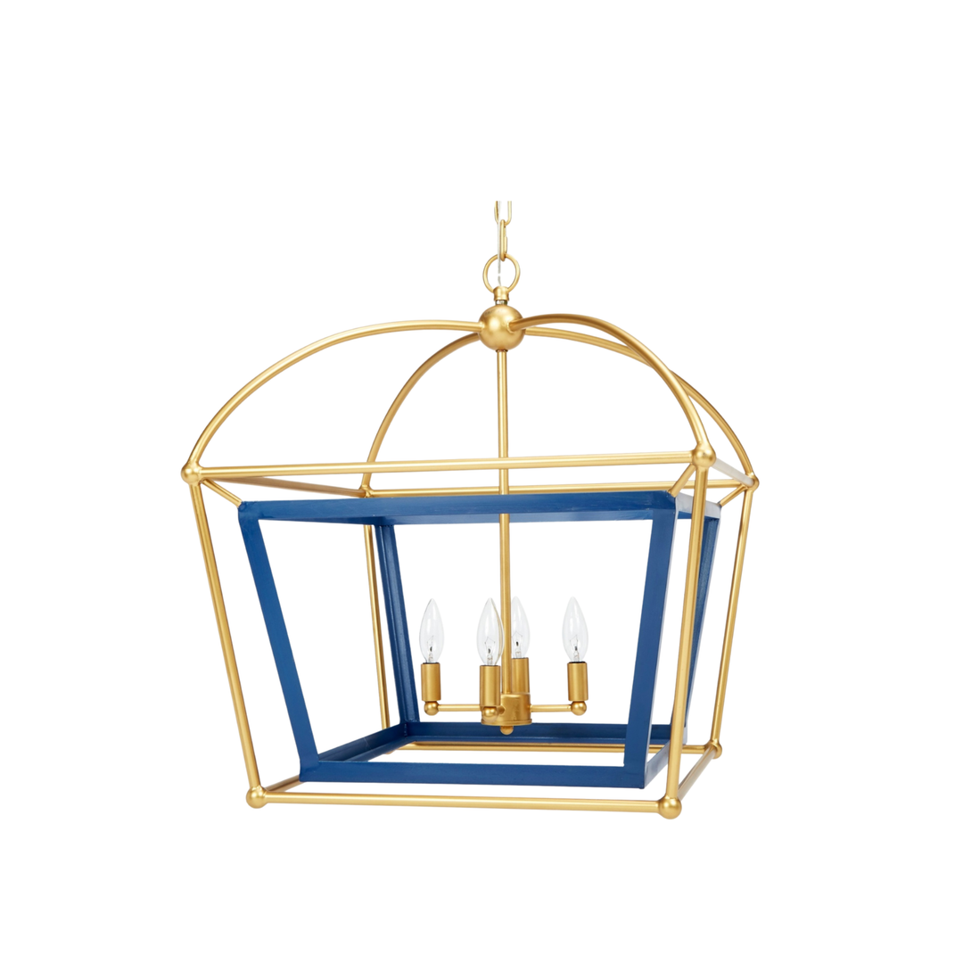 Luxury gold and navy blue lantern chandelier with open geometric frame, four candle-style bulbs, modern statement pendant light for dining rooms, kitchens, foyers, and upscale contemporary interior décor.