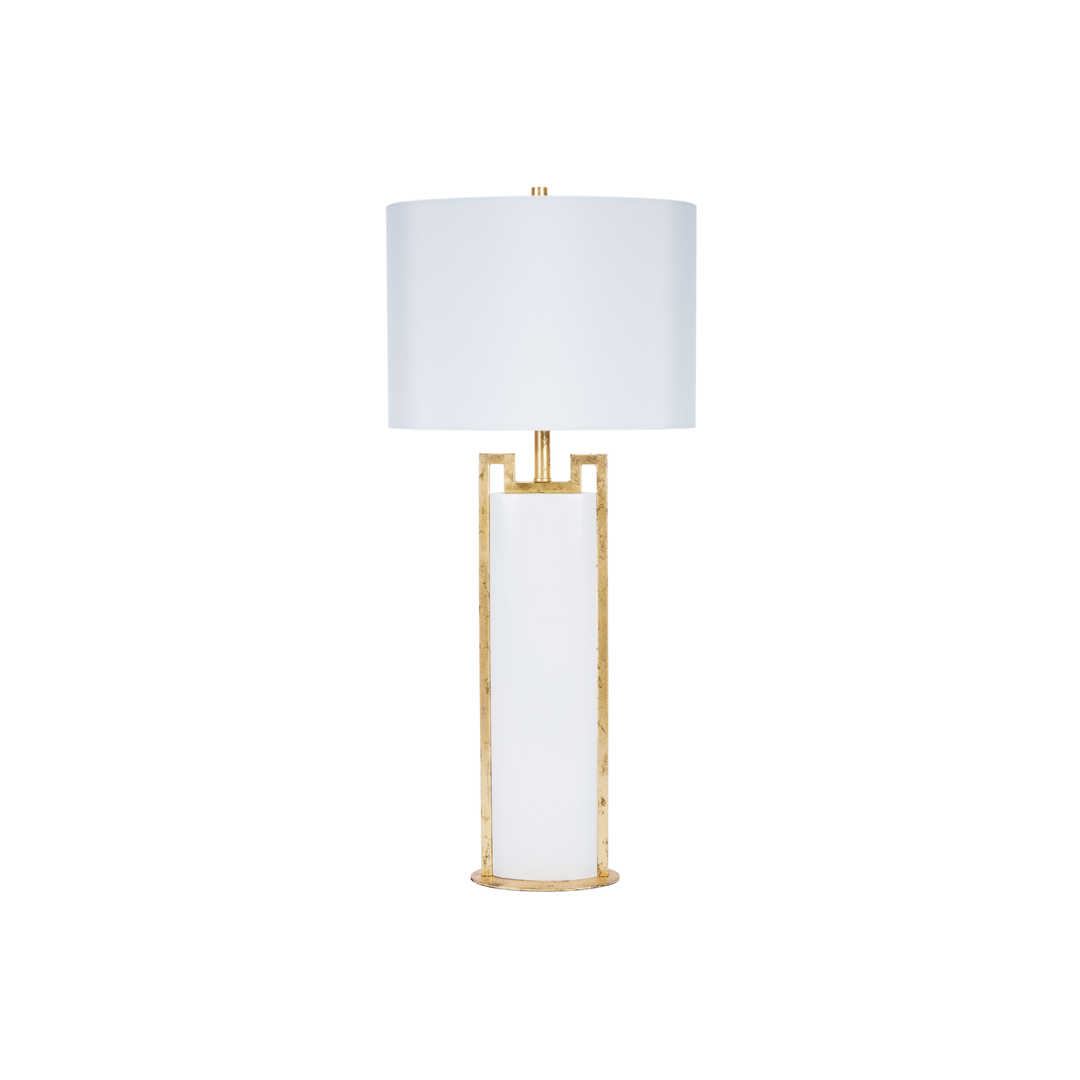 Modern tall table lamp with white cylindrical body, brushed gold geometric frame accents, and a white drum shade, luxury contemporary lighting décor for living rooms, bedrooms, and upscale interior spaces.