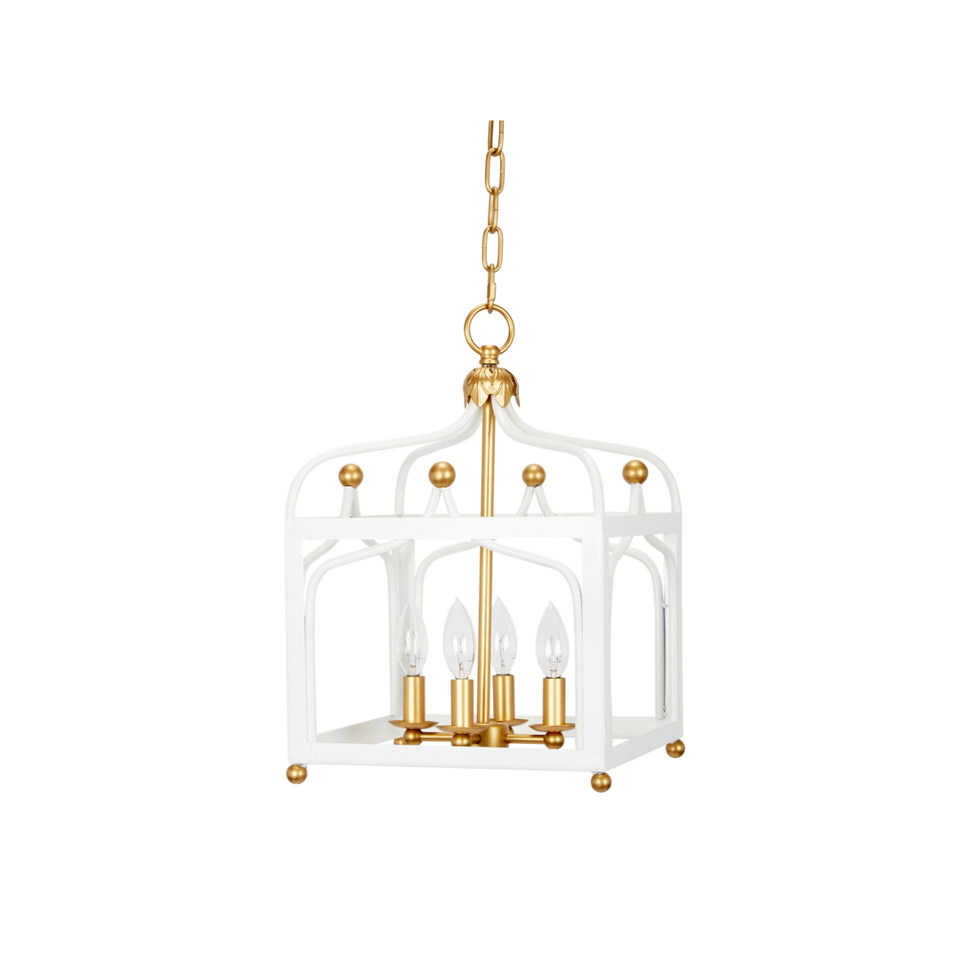 Elegant Sabrina pendant light in glossy white with gold accents, perfect for bedrooms, dining rooms, or living areas.