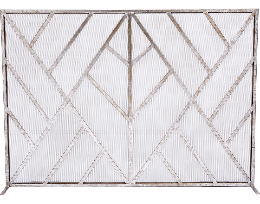 Modern silver geometric metal fireplace screen with layered diamond and angular line pattern, mesh panel design, contemporary luxury home décor accessory for living rooms and fireplaces.