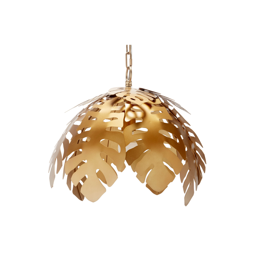 Elegant gold pendant light featuring a tropical leaf design, perfect for dining rooms, living rooms, or entryways.
