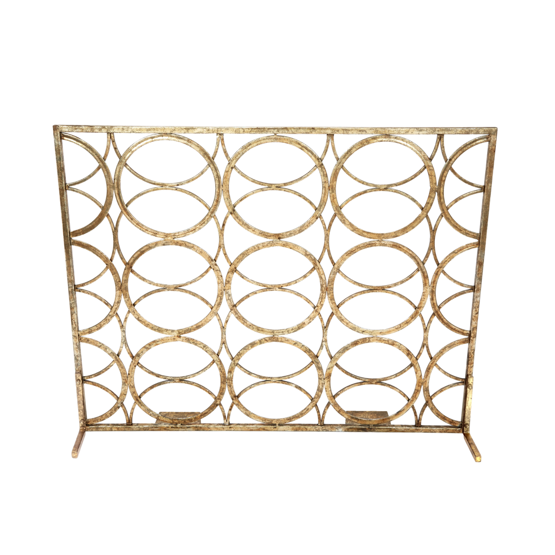 Gold metal decorative screen with overlapping circular pattern, modern geometric home decor accent on white background