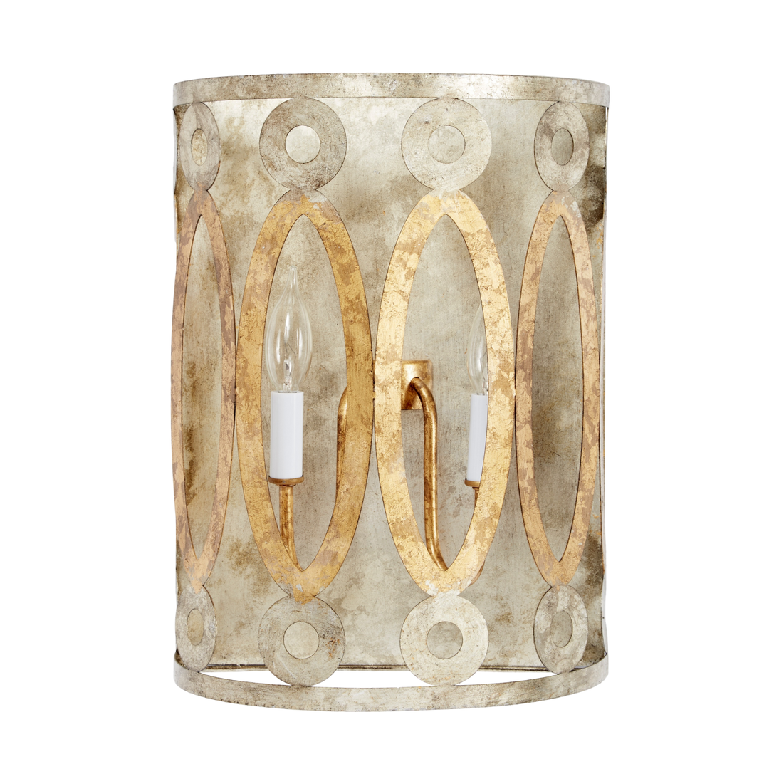 Antique gold oval pattern wall sconce with two candle-style bulbs and distressed metallic finish on white background