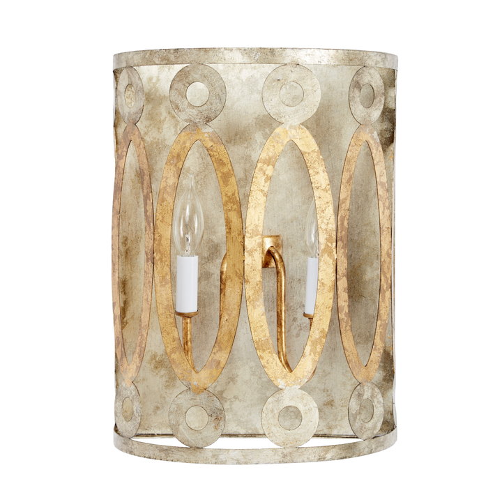 Antique gold oval pattern wall sconce with two candle-style bulbs and distressed metallic finish on white background