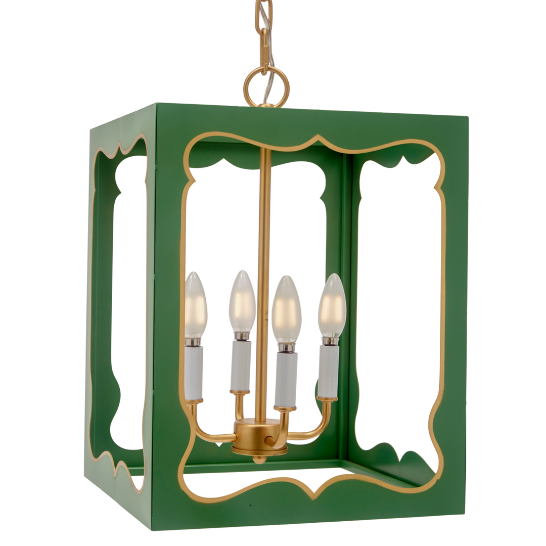 Green pagoda-style lantern chandelier with gold trim and four candle bulbs on white background