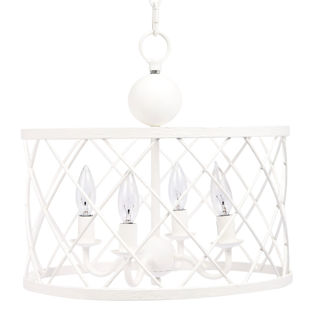 White woven metal cage chandelier with four candle-style bulbs hanging inside.